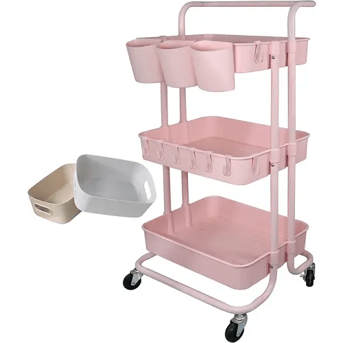 3 Tier Utility Rolling Cart Storage Organizer Shelf Rack with 3PCS Hanging Cups + 8PCS Hooks + 2PCS Storage Box for Home Office Kitchen Bathroom Storage (Pink 3 Cup+8 Hook+2 Storage Box)