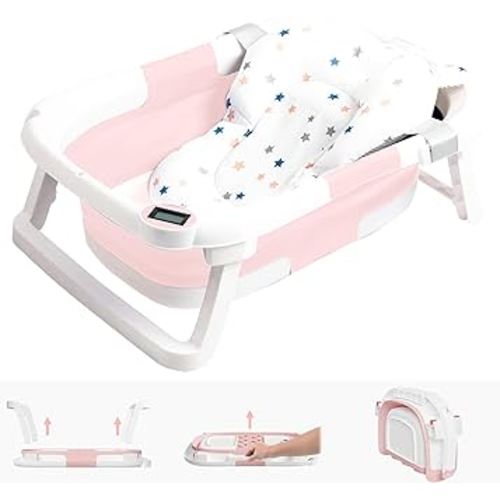 Collapsible Baby Bathtub,Baby Bath Tub with Soft Cushion & Thermometer,Baby Bathtub Newborn to Toddler 0-36 Months,Portable Travel Baby Tub (Pink)