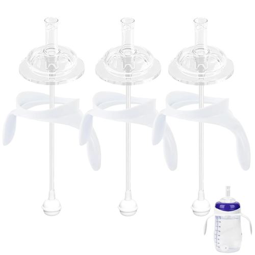 Straw Sippy Cup Conversion Kit for Lansinoh Baby Bottles, Soft Top and Weighted Straw Transition Kit with Handles, Set of 3