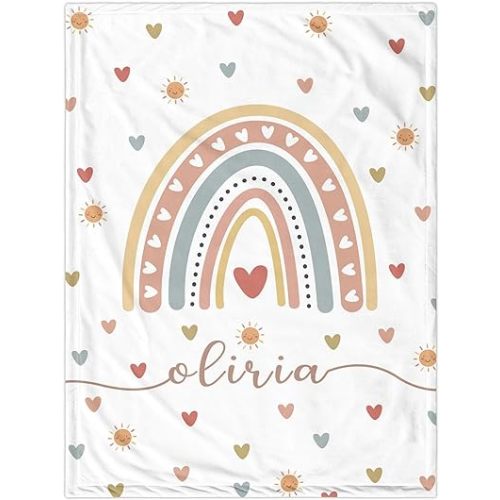 Personalized Baby Blankets with Name for Girls Boys Kids,Custom Boho Style Baby Blanket with Rainbow, Personalized Rainbow and Heart Blanket, Expecting Mom Gift