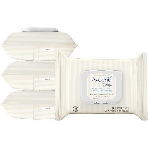 Aveeno Baby Hand & Face Cleansing & Moisturizing Wipes with Oat Extract and Aloe, Fragrance-Free Wipes for Sensitive Skin, Free of Sulfates, Alcohol, Parabens, and Dyes, 25 ct (Pack of 4)