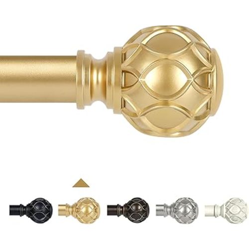 Gold Adjustable Curtain Rods for Windows:18-45 Inch Farmhouse Heavy Duty Curtain Rod for Bedroom Living Room,Boho Decorative Rustic Drapery Rods with Vintage Coastal Texture Finial,Brass Gold