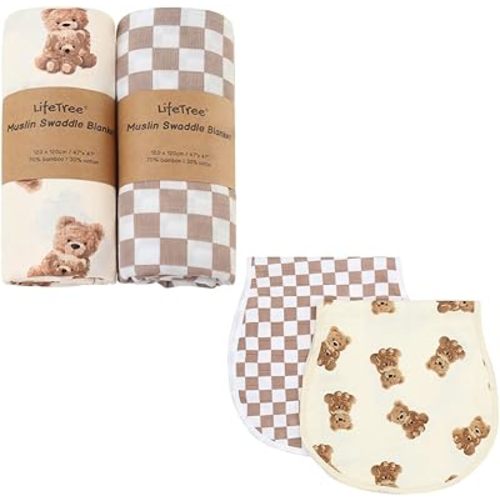LifeTree Muslin Swaddle Blankets, Baby Burp Cloths for Boys Girls Neutral Newborn, Soft 70% Viscose from Bamboo and 30% Cotton Bear & Checkered