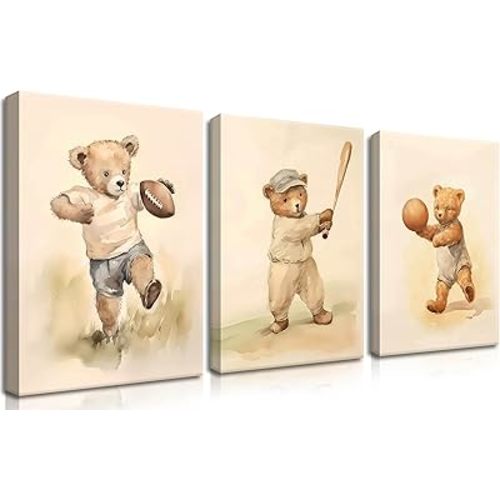 Bear Rugby Sports Nursery Canvas Wall Art Set of 3 - Cute Vintage Baby Bear Pictures Paintings Poster Prints, Nursery Animal Wall Decor for Children Bedroom Boy Room Decoration 12x16 inch Framed