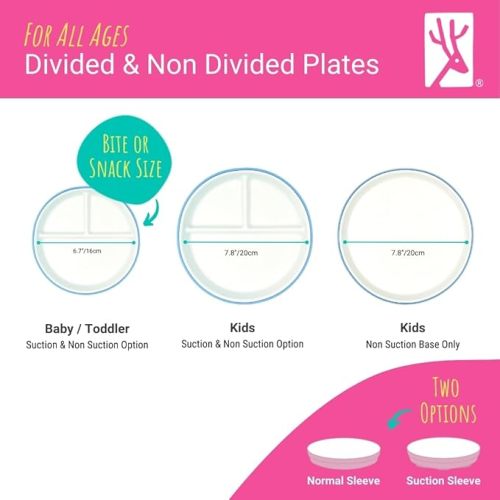 Elk and Friends Kids 6.7” Porcelain Divided Plates with Silicone Suction Sleeves | Suitable for Babies/Kids/Toddlers | Microwave & Dishwasher Safe | Non Slip | Snack Dishes