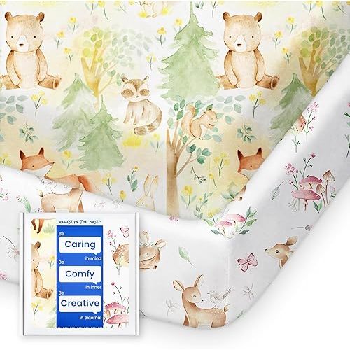 Mini Crib Sheets 24x38, Ultra Soft Pack N Play Sheets Fitted Boy Girl, Neutral Pack and Play Mattress Sheets, Premium Jersey Knit Portable Crib Sheets Hypoallergenic, Forest Bear & Deer