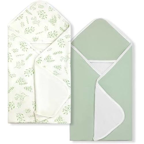 Baby Towels 2 Pack,Hooded Baby Towels Set,Baby Infant Bath Towels with Hood,Soft and Absorbent Nursery Towel,Large 28x28 Inch,Newborn Essential(Mint Green Leaves + Mint Green)