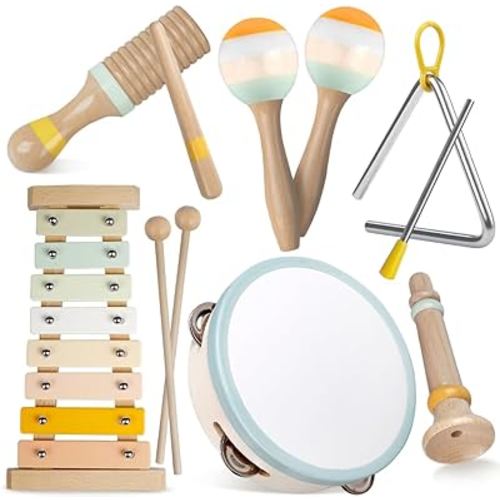 Baby Musical Instruments-Montessori Wooden Toys for Toddlers 1-3,Neutral Colors Percussion Instruments Set with Modern Boho Xylophone for Kids Preschool Educational 3+ (MIS898)
