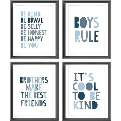 Brothers Make The Best Friends Boys Rules Affirmations Poster Prints for Home Boys Room Playroom Nursery Classroom Decor,Boho Navy Blue Colors Decorations Prints Wall Art Unframed 4pcs 12x16 Inches
