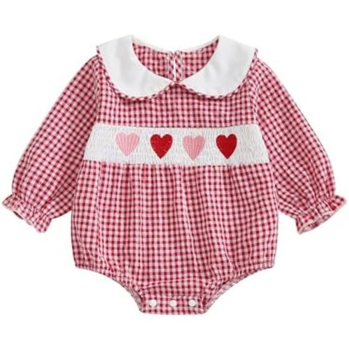 Baby Bubble Romper For Toddler Girl Heart Embroidery Doll Collar Jumpsuit Plaid Smock Bodysuit Spring Fall Clothes