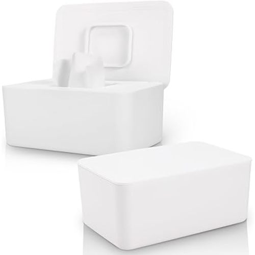 2 Pack LEQXGO Baby Wipes Dispenser, Wipes Dispenser Baby Wipes Case, Baby Wipe Holder for Fresh Wipes, Non-Slip Wipes Case, Wipe Container with Sealing Design Lid (White and White)