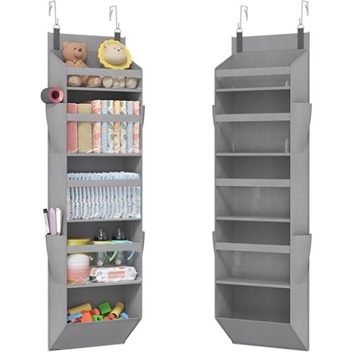 Lifewit 1 Pack Over the Door Organizer, Clear Window Hanging Storage with 4 Side Pockets, Anti Tilt 40 lbs Load Behind Door for Pantry, Nursery, Bathroom, Bedroom, Dorm, 5 Section, Gray