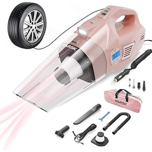 VARSK 4-in-1 Car Vacuum Cleaner High Power, Presents for Her Women Girls Mom, Pink Handheld Car Vacuum Portable Tire Inflator with Digital Tire Pressure Gauge LCD Display and Light, 12V DC, 15FT Cord
