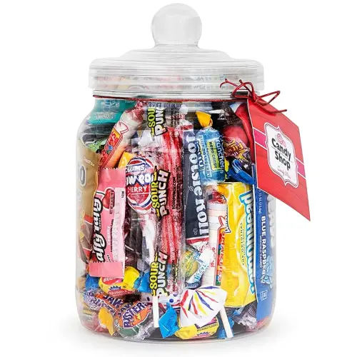 Candy Jar Filled With Your Favorite Party Mix, Blow Pops, Cherry Heads, Gold Bears, Laffy Taffy, Sour Punch, & More - 1.75 Pounds Gift Ready Clear Plastic Jar