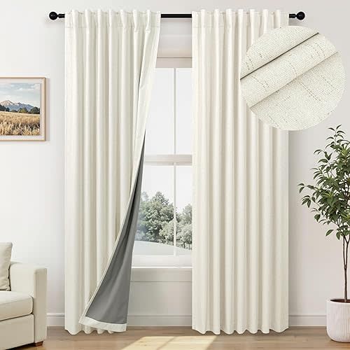 Neutral 80 Inch Nursery Blackout Curtains for Bedroom 80 Inches Long 2 Panel Thermal Curtain for Summer Heat Blocking Linen Textured Custom Made Drapes Pleated Back Tab Rustic Ceiling to Floor Length