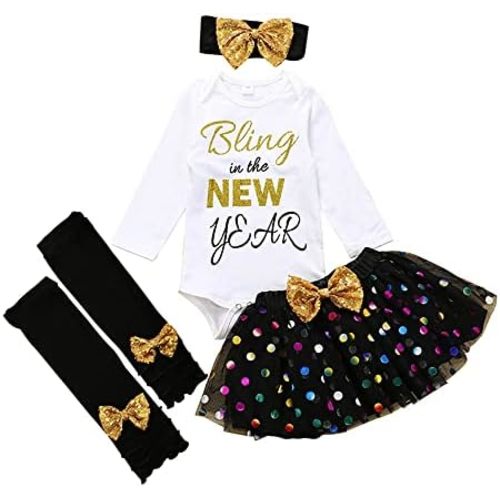 XFGLCK Newborn Baby Girls New Year Outfit Long Sleeve Romper+ Black Mesh Tulle Tutu Skirt +Legging Warms Set