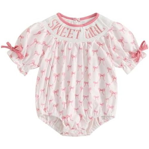 Newborn Baby Girl Romper Mamas Mini Bow Plaid Print Puff Sleeve Smocked Bubble Romper Jumpsuit Bodysuit Clothes