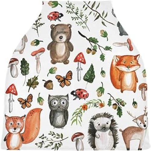 Cute Woodland Animals Baby Car Seat Cover Canopy Stretchy Soft Nursing Breastfeeding Cover Multi-Use Breathable Stroller Cover, Mother's Day Gifts