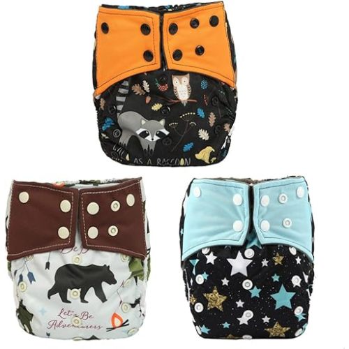 3 AIll in One Cloth Diapers Nappies for Night AIO Sewn in Insert Reusable Washable (Teepee Stars)
