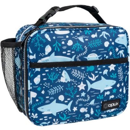 OPUX Insulated Lunch Bag, Leakproof Soft Cooler Tote Box School Kids Boys Girls, Small Compact Reusable Adult Men Women (Blue Shark, One Size)