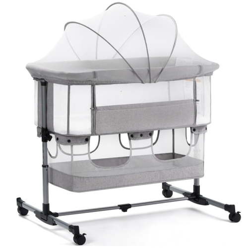 Vomeast Baby Bassinet Bedside Sleeper, 4 in 1 Baby Bassinets for Babies, with Wheels, Adjustable Height, Storage Basket, Mosquito Net for Newborns Infants - Light Gray