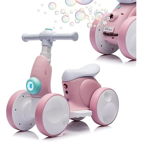 6V Electric Baby Balance Bike with Bubble Machine,4 in 1 Toddler Balance Bike w/Remote Control for 1 Year Old Boys Girls Kids Bubble Bike Ride on Toys w/Powered Motor,Music,LED Lights (Pink)