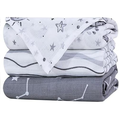 Little Grape Land Muslin Swaddle Blankets, 100% Cotton Large Size Baby Receiveing Blankets, Soft Breathable Baby Blankets for Newborns, Grey, 47''x47'', 3 Pack, Stars/Grey