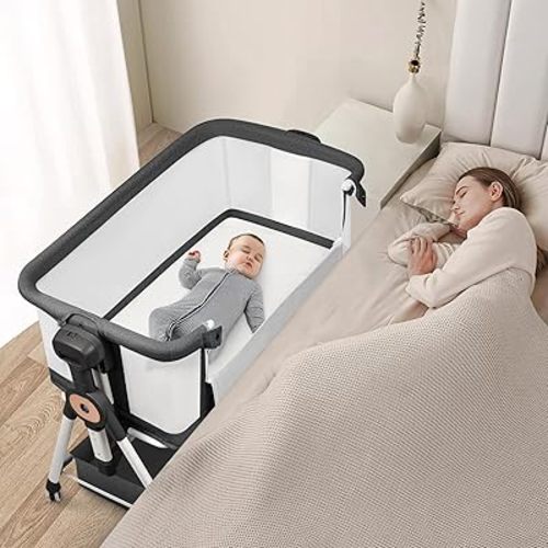 VOOI Baby Bassinet Bedside Sleeper, 3 in 1 Rocking Bassinet for Baby, Bassinet Bedside Sleeper with Wheels, Adjustable Height, Storage Basket, Mattress & Canopy, Bed Side Bassinet for Newborn