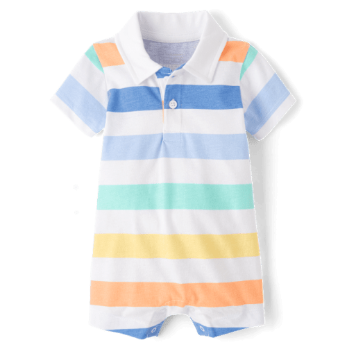 Baby Boys Striped Polo Romper - Coral