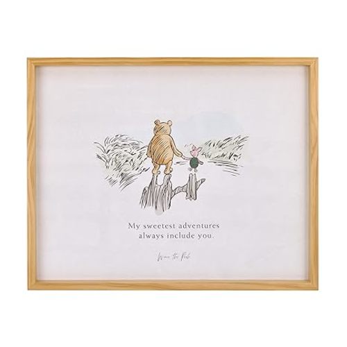 NoJo Disney Winnie The Pooh - Classic Pooh "My Sweetest Adventures Always Include You" with Piglet Natural Pine Wood Framed Art Canvas Wall Décor