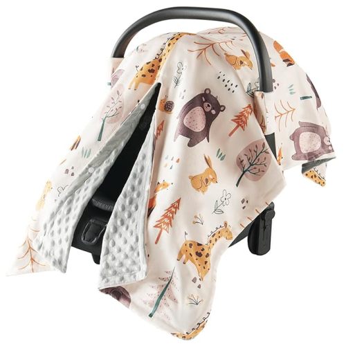 Baby Car Seat Cover - Ultra Soft Minky Carseat Covers Baby with Snap Peekaboo Opening, Multi-Use Stroller Cover, Nursing Cover & Plush Infant Blanket for Boys Girls (Beige)