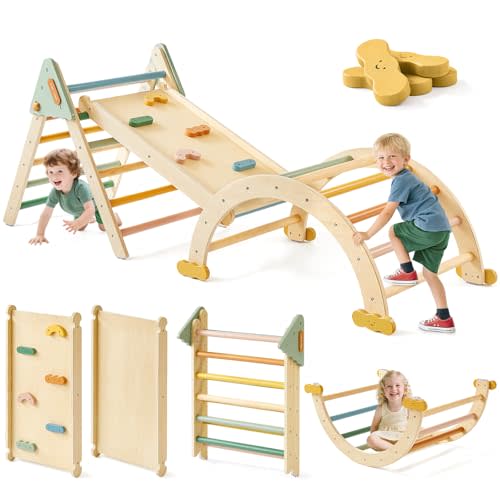 Tiny Land Pikler Triangle Set,7-in-1 Foldable Montessori Toddler Climbing Toys Indoor, Wooden Playground Jungle Gym for Kids, Climber Gift for Boys & Girls Toddler Climbing Toys (Morandi)