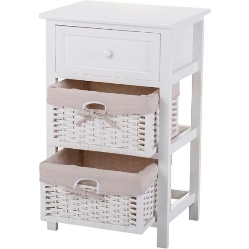 JAXPETY Fully Assembled Nightstand with 2 Rattan Wicker Baskets, Wooden Bedside Sofa Table, Mid Century Modern End Table for Bedroom Living Room Children's Room, White