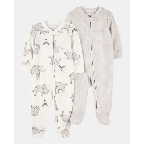 2-Pack Striped Elephant 2-Way Zip Cotton Sleep & Play Pajamas - Grey | Carter's