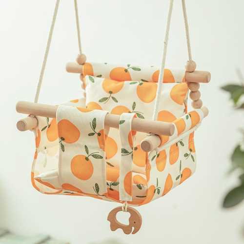Organic Cotton Baby Swing Chair – Indoor Outdoor Hanging Seat with Cushion, Wooden Toddler Hammock, Boho Nursery Décor