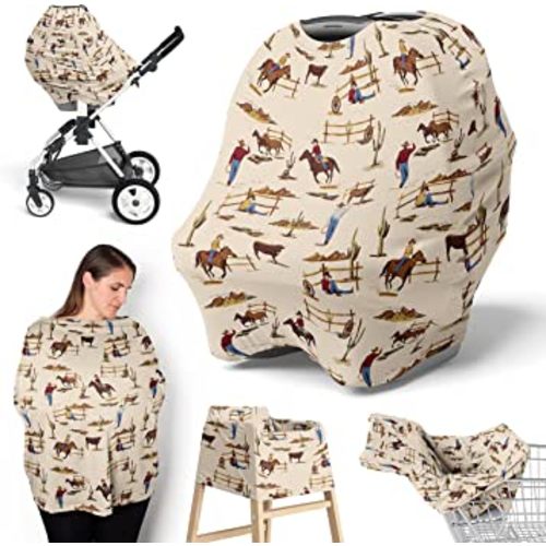 Sweet Jojo Designs Western Cowboy Boy Infant Baby Car Seat Cover Nursing Breastfeeding Shopping Cart Stroller Canopy - Tan Brown Red Southern Country Chocolate Blue and White Wild West Horse