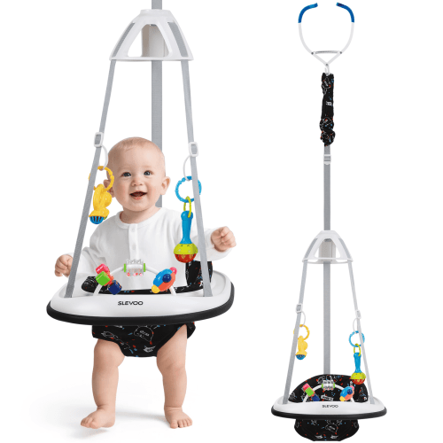 Slevoo Baby Doorway Jumper Baby Bouncer with Bumper, Two Jingle Rattles & Play Tray, Quiet Bear