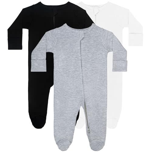 GUISBY Long Sleeve Baby Footed Pajamas with Mittens Cotton Sleepers with Zipper 3-Pack