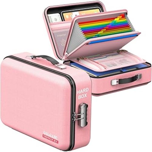 Fireproof Document Organizer, Hard Case Fireproof Document Box with Lock Hard-Shell Design Fireproof Water Resistant Document Box for Important Documents Certificates Laptop Passports Pink