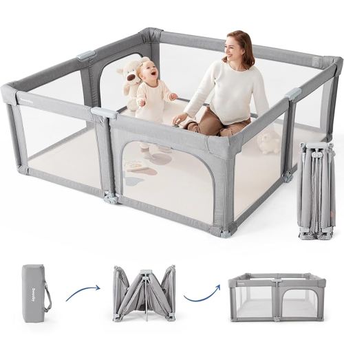 Sweeby Baby Playpen, 59x59 Inch Baby Gate Foldable Playpens for Babies and Toddlers, Extra Large Playpen with Door Play Yard for Baby Fence Indoor and Outdoor Play Pen, Grey