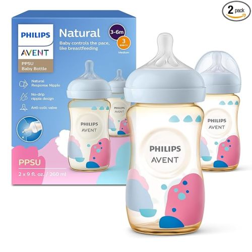 Philips Avent PPSU Natural Baby Bottles with Medium Flow Nipples (Flow 3), 9oz, with Decoration, 2-Pack, SCY943/02