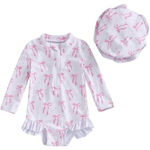 Baby Girl Swimsuit Baby Girls Long Sleeve One Piece Swimsuit Romper with Hat Bathing Suit Beach Rash Guard