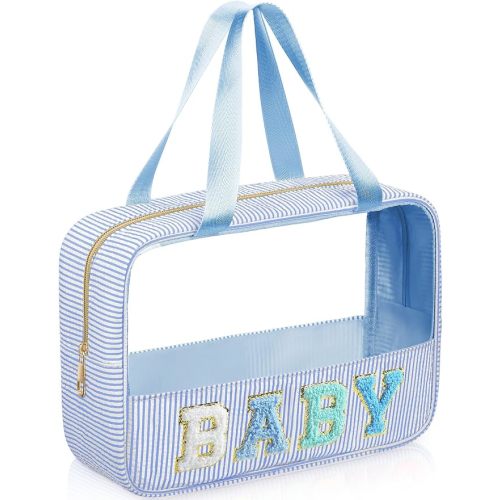 Sanwuta Seersucker Baby Bag Chenille Letter Clear Makeup Bag with Handle and Zipper Seersucker Stripe Preppy Women Cosmetic Pouch for Storage Travel Organizer(Light Blue)