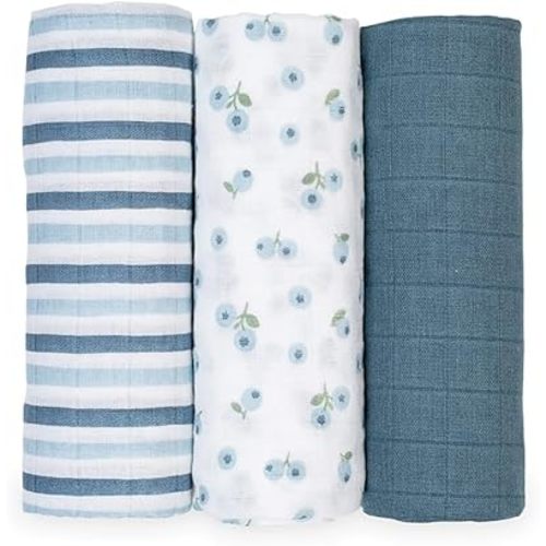 Lulujo Baby Receiving Blanket| Unisex Softest 100% Cotton Muslin Blanket| Neutral Receiving Blanket for Girls & Boys | 28in x 28in | Baby Gift| Blueberries
