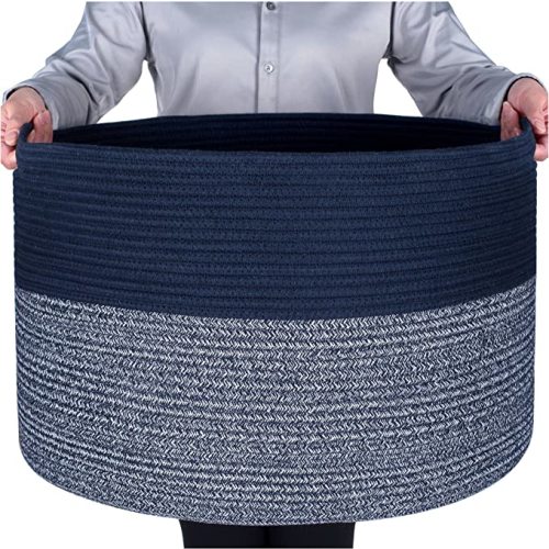 MINTWOOD Design Extra Large 22 x 14 Inches Blanket Storage Basket, Laundry Basket, Decorative Woven Cotton Rope Baskets for Blanket Storage Living Room, Dog Toy Storage Basket Bin, Navy Blue