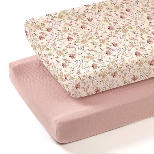 lulumoon Muslin Changing Pad Cover: 2-Pack Soft Breathable Cotton Boho Floral Print for Baby Girls - Nursery & Baby Shower