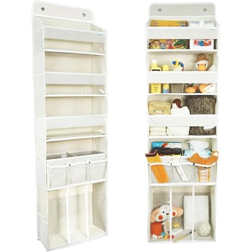 Door Hanging Storage Organizer,with 3 Bins 1 Movable Baby Diaper Caddy,1 Large capacity diaper stacking storage Organizer,10 Side Pockets ,Bedroom Door Storage for Nursery Baby Essentials. (Beige)