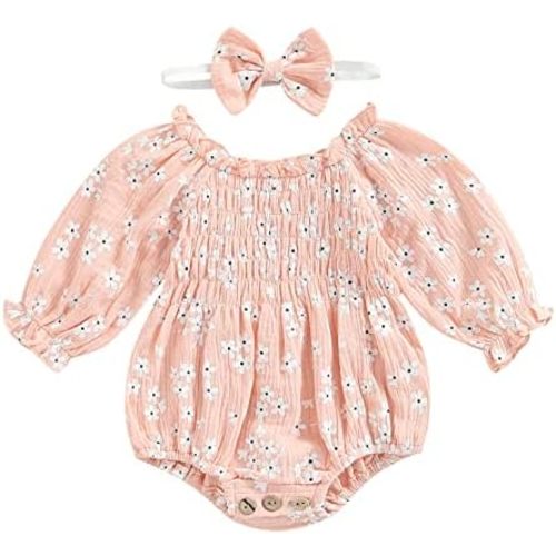 Infant Baby Girl Floral Romper Outfit Cotton Linen Smocked Bodysuit Long Sleeve Boho Clothes with Headband