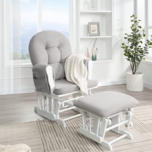 Naomi Home Nursery Glider & Ottoman Sets, Reclining Glider Rocker with Ottoman, Nursery Rocking Breastfeeding Maternity Chair for Baby Room, Recliner Glider with Ottoman, Padded Arms - White, Gray