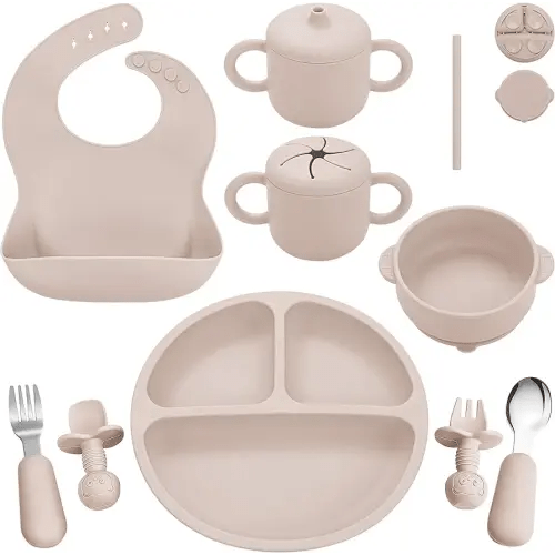 Silicone Baby Feeding Set, Baby Led Weaning Supplies, Eating Essentials Utensils with Suction Plate and Bowl, Pocket Bib, Sippy Cup with Lid, Forks Spoons Snack Container, for 6+ Months, Beige